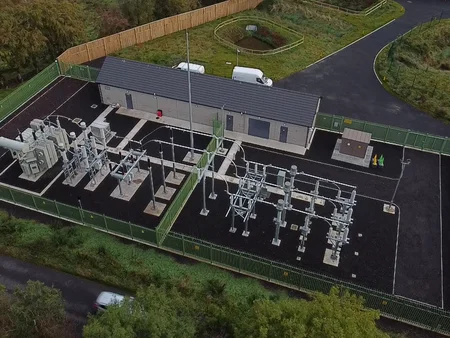 Drone shot of building Battery storage project in Kells
