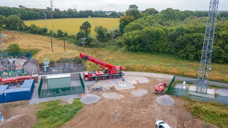 Overlooking of construction site of BESS 1 Battery storage plant with crane at different angle.
