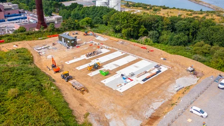 Overlooking shot of construction site of BESS 1 Battery storage plant undergoing civil works.
