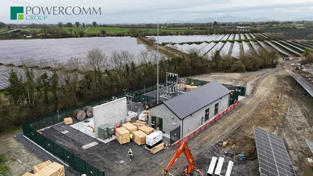 Aerial view of a substation on a solar farm